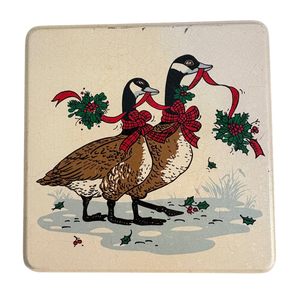 VTG‎ 1985 Potpourri Press Christmas Goose Napkin Tin Canada Geese Holly Bows 6x6